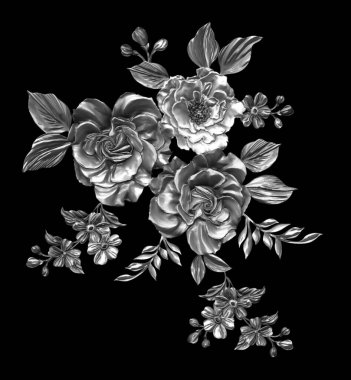 3 Boyutlu düğün çiçekleri, gümüş çiçekleri, metalik düğün çiçekleri tasarımı, lüks metalik çiçek arkaplanı, çiçek illüstrasyonu