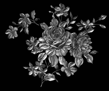 3 Boyutlu düğün çiçekleri, gümüş çiçekleri, metalik düğün çiçekleri tasarımı, lüks metalik çiçek arkaplanı, çiçek illüstrasyonu