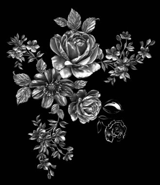 3 Boyutlu düğün çiçekleri, gümüş çiçekleri, metalik düğün çiçekleri tasarımı, lüks metalik çiçek arkaplanı, çiçek illüstrasyonu