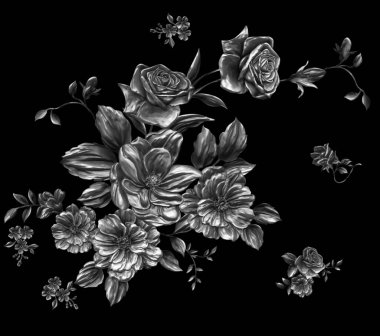 3 Boyutlu düğün çiçekleri, gümüş çiçekleri, metalik düğün çiçekleri tasarımı, lüks metalik çiçek arkaplanı, çiçek illüstrasyonu