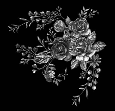 3 Boyutlu düğün çiçekleri, gümüş çiçekleri, metalik düğün çiçekleri tasarımı, lüks metalik çiçek arkaplanı, çiçek illüstrasyonu