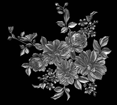 3 Boyutlu düğün çiçekleri, gümüş çiçekleri, metalik düğün çiçekleri tasarımı, lüks metalik çiçek arkaplanı, çiçek illüstrasyonu