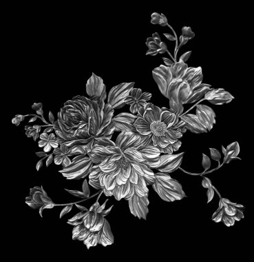 3 Boyutlu düğün çiçekleri, gümüş çiçekleri, metalik düğün çiçekleri tasarımı, lüks metalik çiçek arkaplanı, çiçek illüstrasyonu