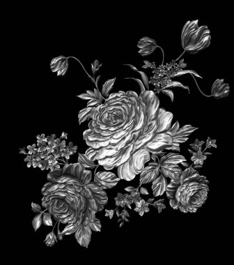 3 Boyutlu düğün çiçekleri, gümüş çiçekleri, metalik düğün çiçekleri tasarımı, lüks metalik çiçek arkaplanı, çiçek illüstrasyonu