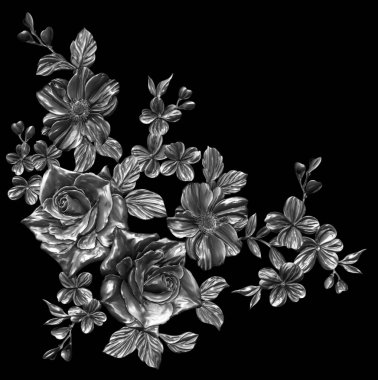 3 Boyutlu düğün çiçekleri, gümüş çiçekleri, metalik düğün çiçekleri tasarımı, lüks metalik çiçek arkaplanı, çiçek illüstrasyonu