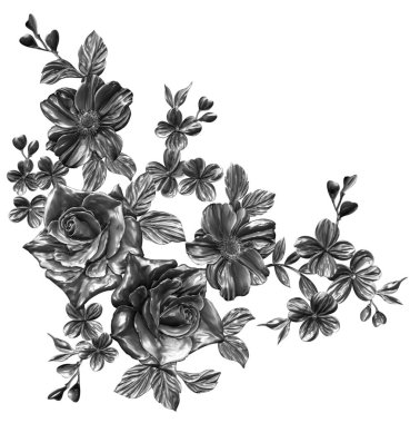 3 Boyutlu düğün çiçekleri, gümüş çiçekleri, metalik düğün çiçekleri tasarımı, lüks metalik çiçek arkaplanı, çiçek illüstrasyonu