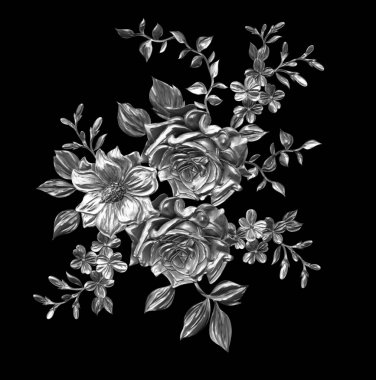 3 Boyutlu düğün çiçekleri, gümüş çiçekleri, metalik düğün çiçekleri tasarımı, lüks metalik çiçek arkaplanı, çiçek illüstrasyonu