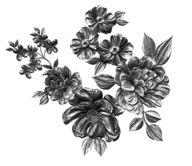 3 Boyutlu düğün çiçekleri, gümüş çiçekleri, metalik düğün çiçekleri tasarımı, lüks metalik çiçek arkaplanı, çiçek illüstrasyonu