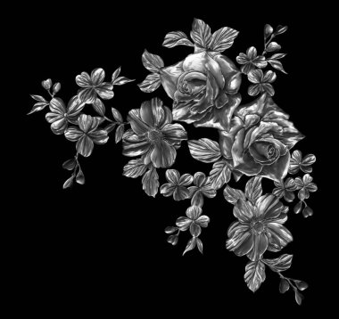 3 Boyutlu düğün çiçekleri, gümüş çiçekleri, metalik düğün çiçekleri tasarımı, lüks metalik çiçek arkaplanı, çiçek illüstrasyonu