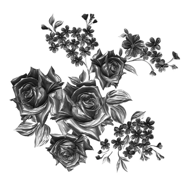 3 Boyutlu düğün çiçekleri, gümüş çiçekleri, metalik düğün çiçekleri tasarımı, lüks metalik çiçek arkaplanı, çiçek illüstrasyonu