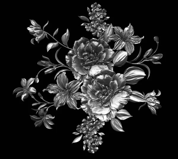 3D wedding flowers,Silver flower clipart,Metallic wedding flowers design,Luxury metallic floral background,Foliage flower illustration