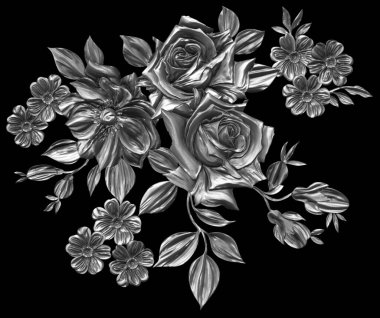 3 Boyutlu düğün çiçekleri, gümüş çiçekleri, metalik düğün çiçekleri tasarımı, lüks metalik çiçek arkaplanı, çiçek illüstrasyonu