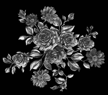 3 Boyutlu düğün çiçekleri, gümüş çiçekleri, metalik düğün çiçekleri tasarımı, lüks metalik çiçek arkaplanı, çiçek illüstrasyonu