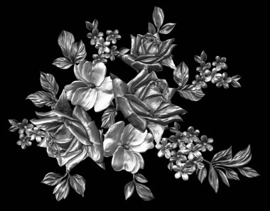 3 Boyutlu düğün çiçekleri, gümüş çiçekleri, metalik düğün çiçekleri tasarımı, lüks metalik çiçek arkaplanı, çiçek illüstrasyonu