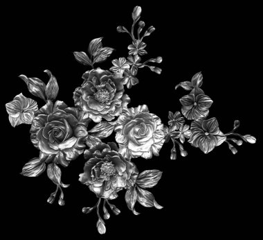 3 Boyutlu düğün çiçekleri, gümüş çiçekleri, metalik düğün çiçekleri tasarımı, lüks metalik çiçek arkaplanı, çiçek illüstrasyonu