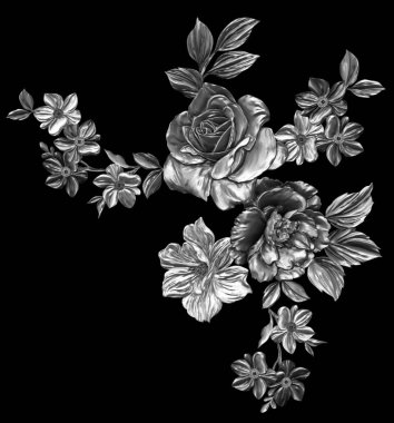 3 Boyutlu düğün çiçekleri, gümüş çiçekleri, metalik düğün çiçekleri tasarımı, lüks metalik çiçek arkaplanı, çiçek illüstrasyonu