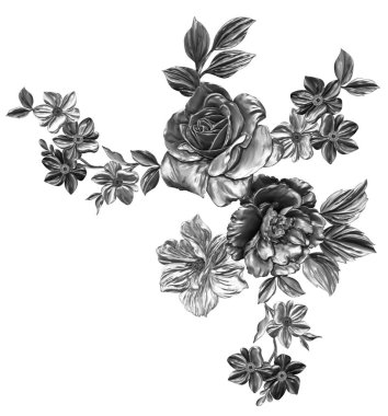 3 Boyutlu düğün çiçekleri, gümüş çiçekleri, metalik düğün çiçekleri tasarımı, lüks metalik çiçek arkaplanı, çiçek illüstrasyonu