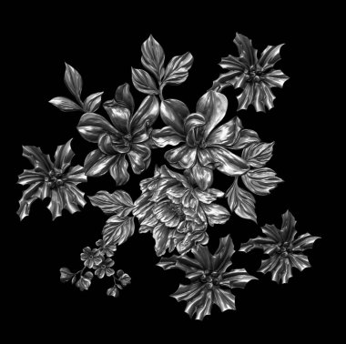 3 Boyutlu düğün çiçekleri, gümüş çiçekleri, metalik düğün çiçekleri tasarımı, lüks metalik çiçek arkaplanı, çiçek illüstrasyonu