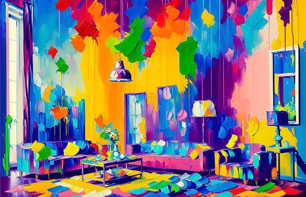 Oil painting living room, Acrylic painting living room, Digital Illustration Fantasy living room, (For postcard, invitation card, greeting card), Designed with artificial intelligence, Generative AI