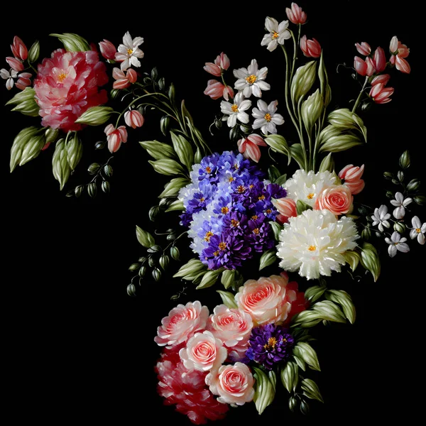 抽象現代の印象派スタイルでカラフルな花 抽象花静物画 カラフルな花と現代の印象派 明るい色の油絵の花の作品 見事なカラフルな花油絵画 — ストック写真