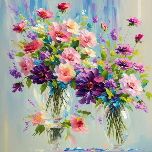 Abstract Colorful Flowers in a Modern Impressionist Style, Abstract Floral Still Life Painting, Modern Impressionism with Colorful Flowers, Brightly colored oil painting flower work, Stunning Colorful Floral Oil Painting, Generative, AI