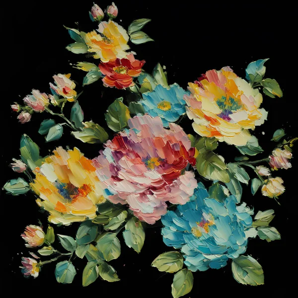 抽象現代の印象派スタイルでカラフルな花 抽象花静物画 カラフルな花と現代の印象派 明るい色の油絵の花の作品 見事なカラフルな花油絵画 — ストック写真