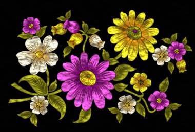 Siyah arkaplanda renkli çiçekler, soyut metalik botanik bileşim.