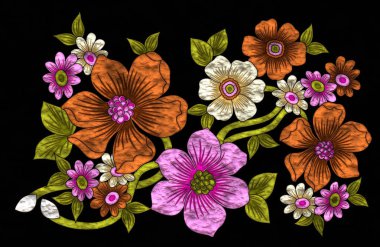 Çiçek tasarımları seti. Parlak metalik çiçek nakış stili..