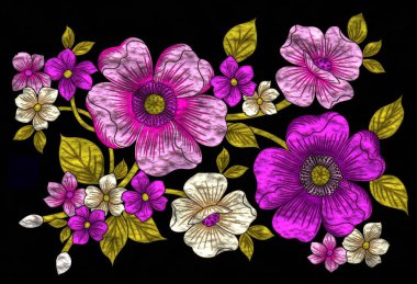 Çiçek tasarımları seti. Parlak metalik çiçek nakış stili..