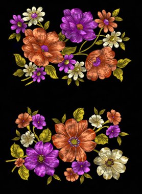 Çiçek tasarımları seti. Parlak metalik çiçek nakış stili..