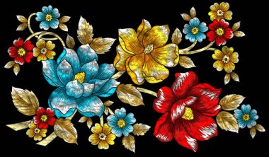 Çiçek tasarımları seti. Parlak metalik çiçek nakış stili..