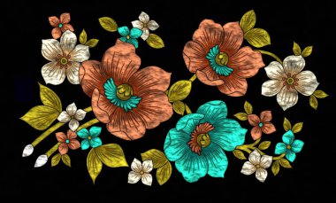 Çiçek tasarımları seti. Parlak metalik çiçek nakış stili..