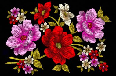 Çiçek tasarımları seti. Parlak metalik çiçek nakış stili..