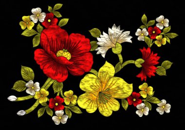 Çiçek tasarımları seti. Parlak metalik çiçek nakış stili..