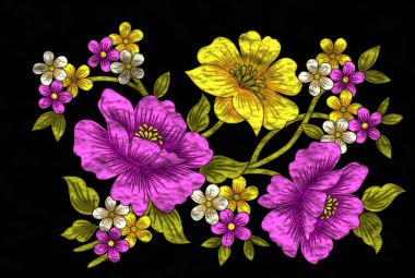 Çiçek tasarımları seti. Parlak metalik çiçek nakış stili..