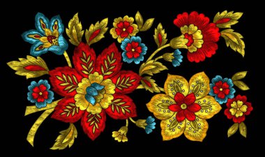 Siyah zemin üzerinde altın ve kırmızı işlemeli lüks metalik çiçek buketi.