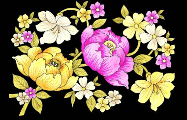 Siyah arkaplanda suluboya çiçeklerinin kusursuz bir deseni var. El çizimi - çiçek çizimi, tekstil tasarımı, duvar kağıdı, ambalaj kağıdı, kumaş,