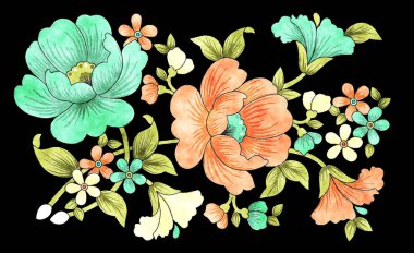 El çizimi suluboya renkli çiçek deseni