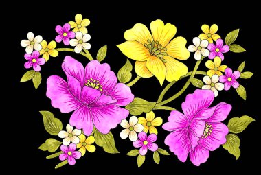 Altın yapraklı renkli bahar çiçekleri çizimi