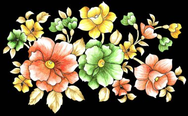 Bahçe yaprakları ve çiçek açan dekoratif parçalar.