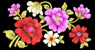 Çeşit çeşit çiçeklerle dolu yemyeşil bir buket çiçek.