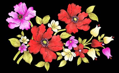 Yeşillik yapraklı ve çiçekli çiçek aranjmanı