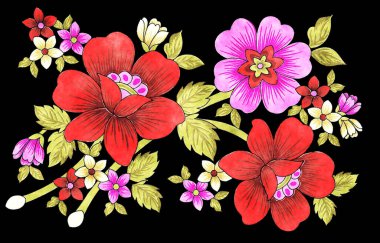 Siyah arka planda güzel çiçekler. suluboya resim.