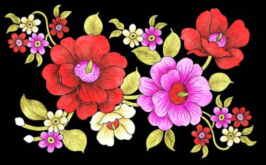 Kırmızı çiçekli çiçek deseni ve beyaz arka planda yapraklar. kumaş baskısı, tekstil tasarımı, duvar kağıdı, davetiye kartı veya