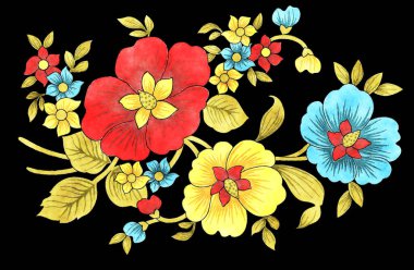 Süslü yapraklı bahar çiçekleri çizimi