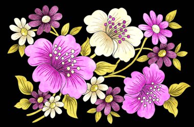 Siyah arka planda pembe ve mor çiçekli güzel çiçek deseni