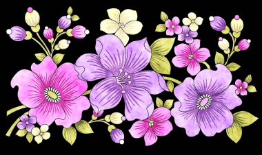 Botanik illüstrasyon. Yapraklı ve tomurcuklu çiçekler. Çiçek süsü. Çiçek arkaplanı