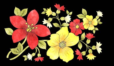 Bahar çiçeklerinin botanik çiçek çizimi. El çizimi suluboya çiçekler. izole.