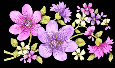 Beyaz arka planda izole edilmiş, suluboya mor çiçekli botanik desen