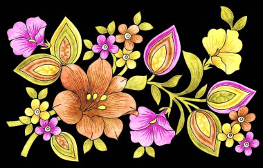 Çiçekli suluboya arka plan, el çizimi çiçekler ve yapraklar.